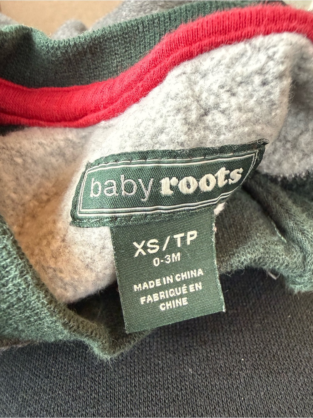 Roots Grey Fleece One-Piece with Green Sleeves and Red Trim - Picture 2 of 2